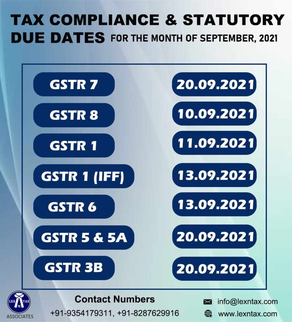 Tax Compliance & Statutory due dates for the month of September, 2021